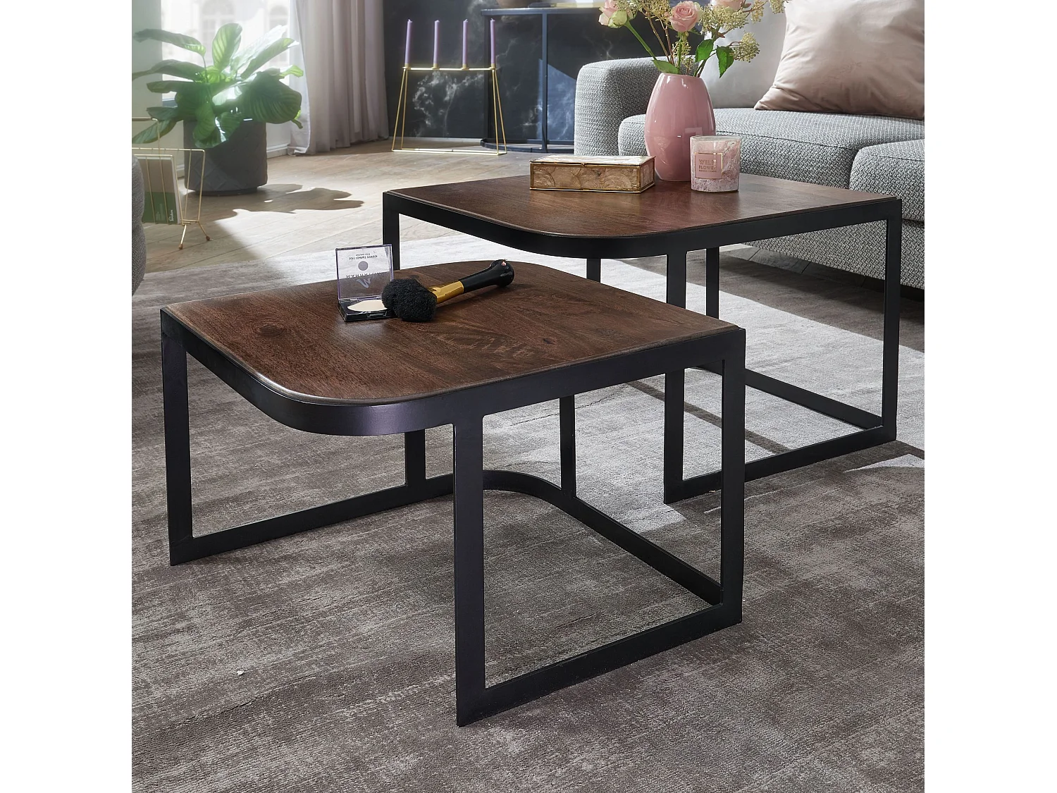 Set van 2 massief mangohouten salontafellampen | Onderschuiftafel, houten tafel, ronde bijzettafel | 2-delige houten salontafel placemat