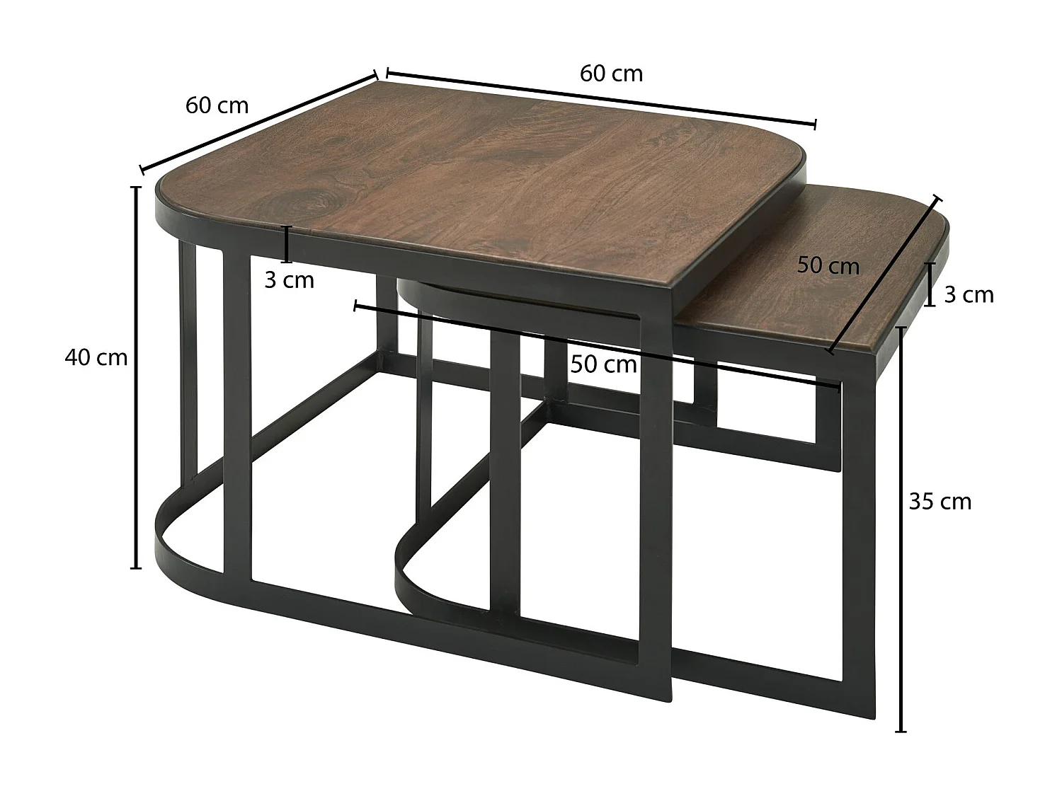 Set van 2 massief mangohouten salontafellampen | Onderschuiftafel, houten tafel, ronde bijzettafel | 2-delige houten salontafel placemat