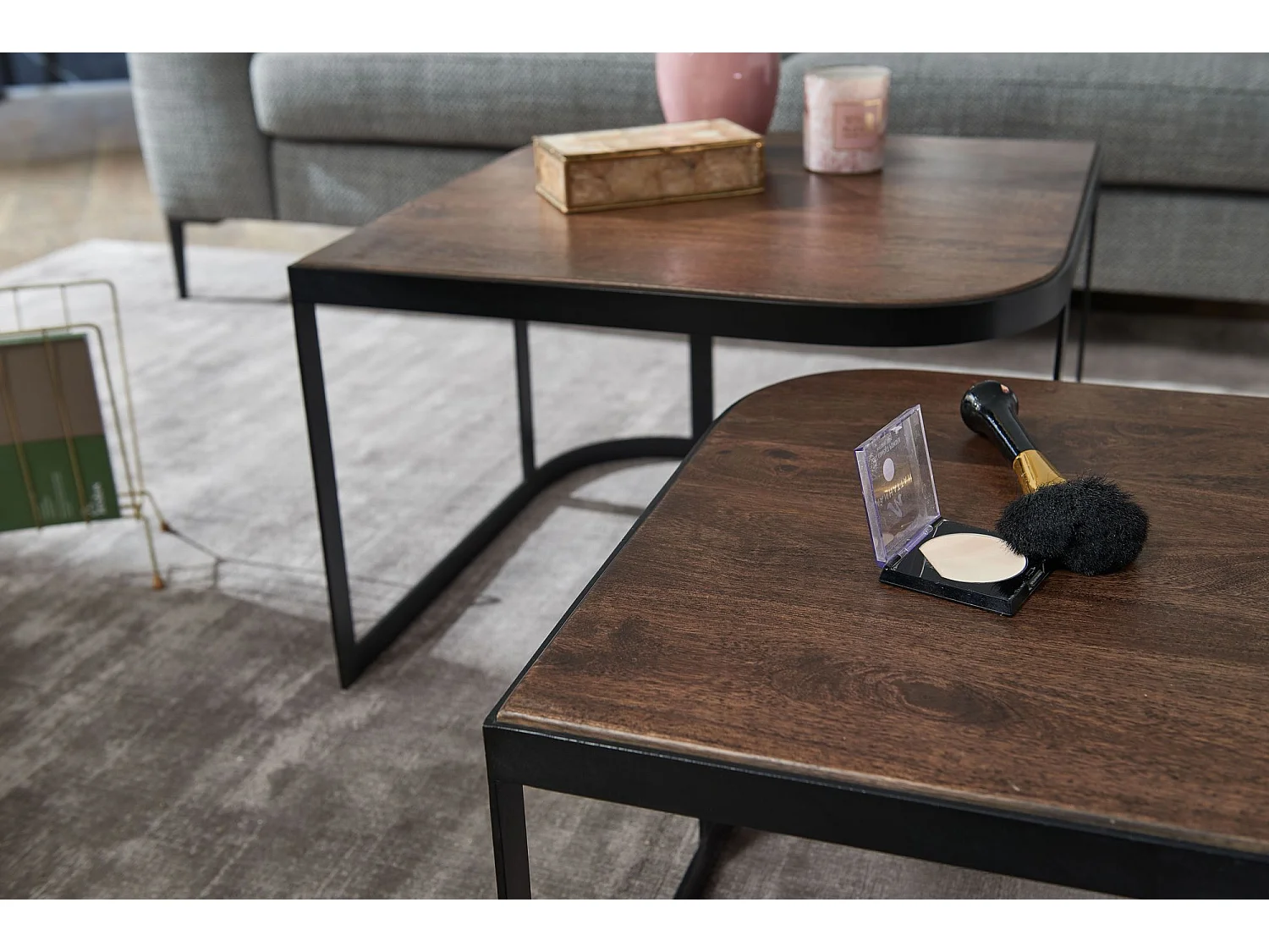 Set van 2 massief mangohouten salontafellampen | Onderschuiftafel, houten tafel, ronde bijzettafel | 2-delige houten salontafel placemat