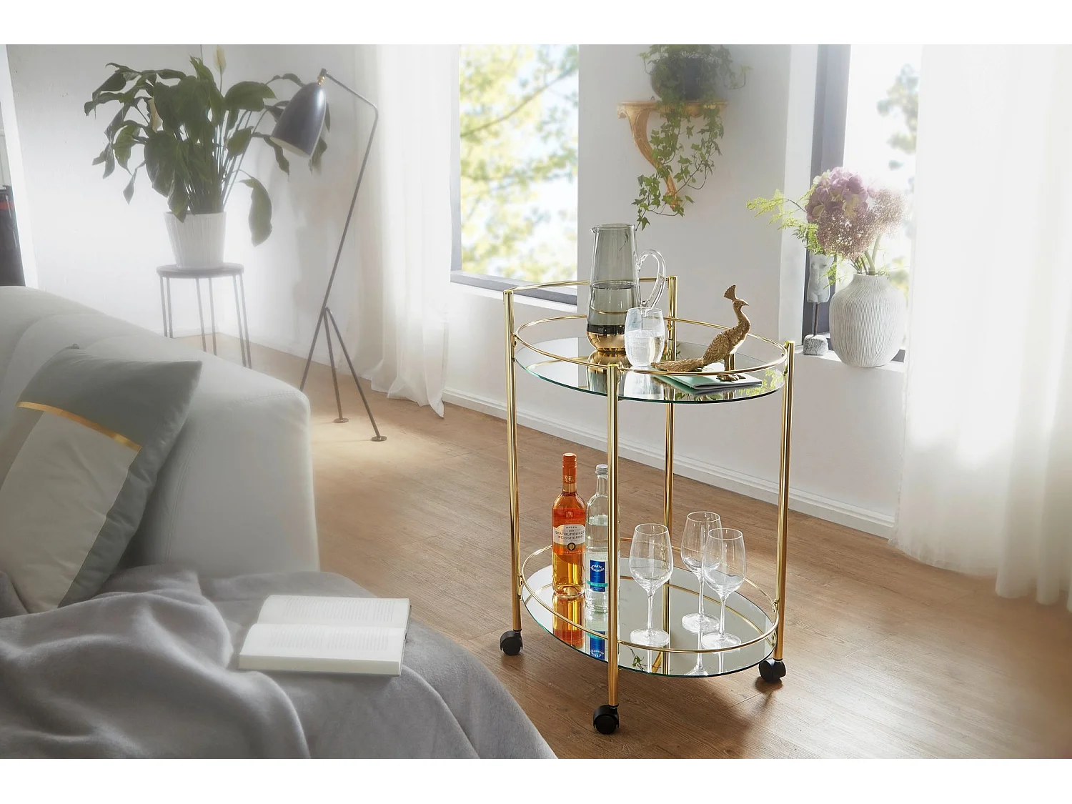 design serveerwagen goud 67x79 cm Mobile Mini Bar | Bijzettafel op wielen Restauratierijtuig met witglazen blad Keukenwagen | Theewagen met matglas