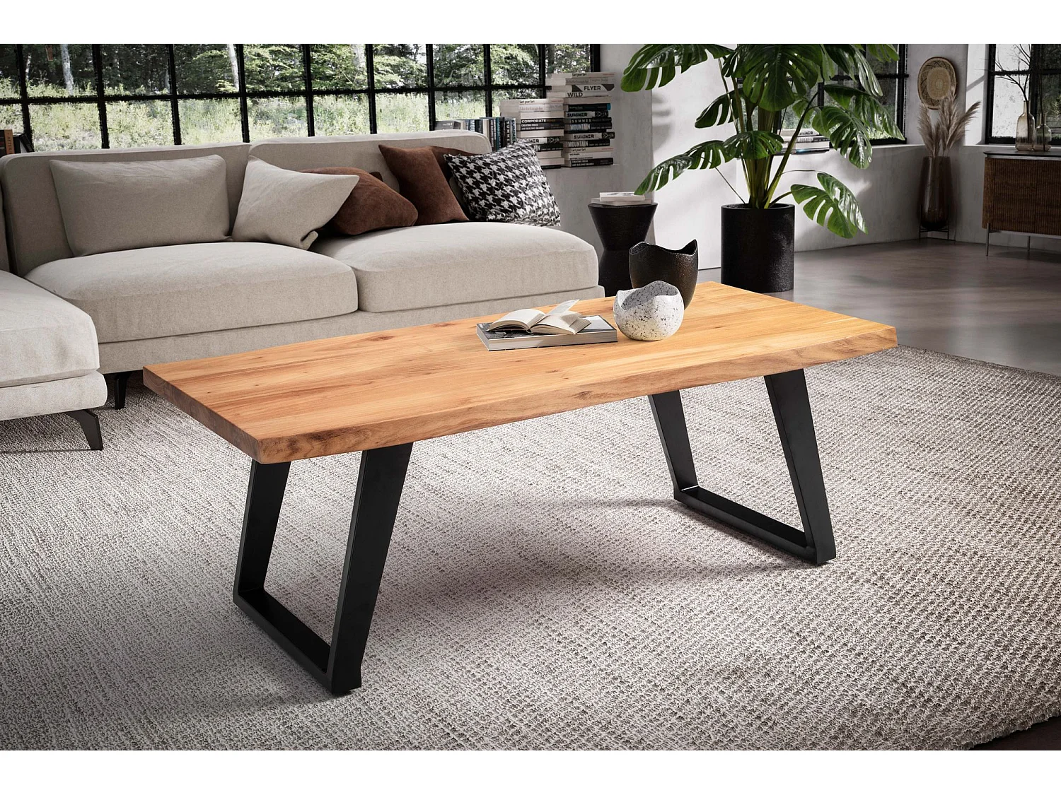 Couchtisch 120x60x46 cm Akazie Massivholz / Metall Baumkante, Design Wohnzimmertisch Rechteckig,