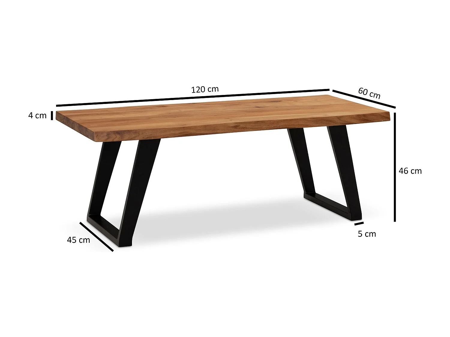 Couchtisch 120x60x46 cm Akazie Massivholz / Metall Baumkante, Design Wohnzimmertisch Rechteckig,