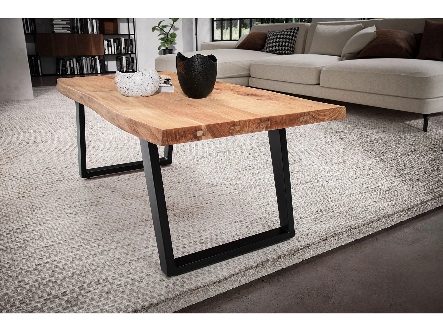 Couchtisch 120x60x46 cm Akazie Massivholz / Metall Baumkante, Design Wohnzimmertisch Rechteckig,