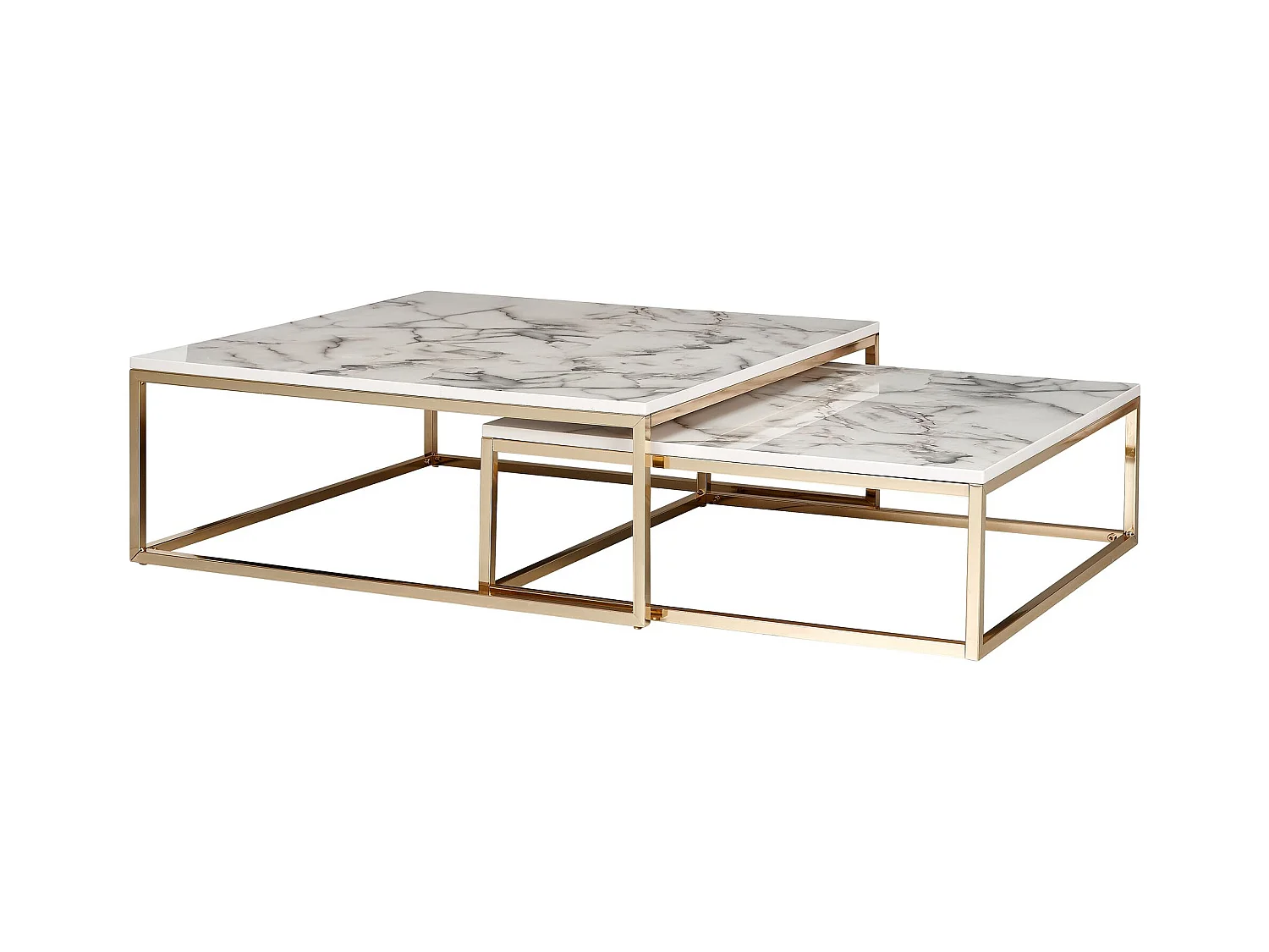 design salontafel set van 2 wit marmer optiek hoekig | Salontafels 2-delig tafelframe metaal goud | Edele salontafels | Moderne nesttafels