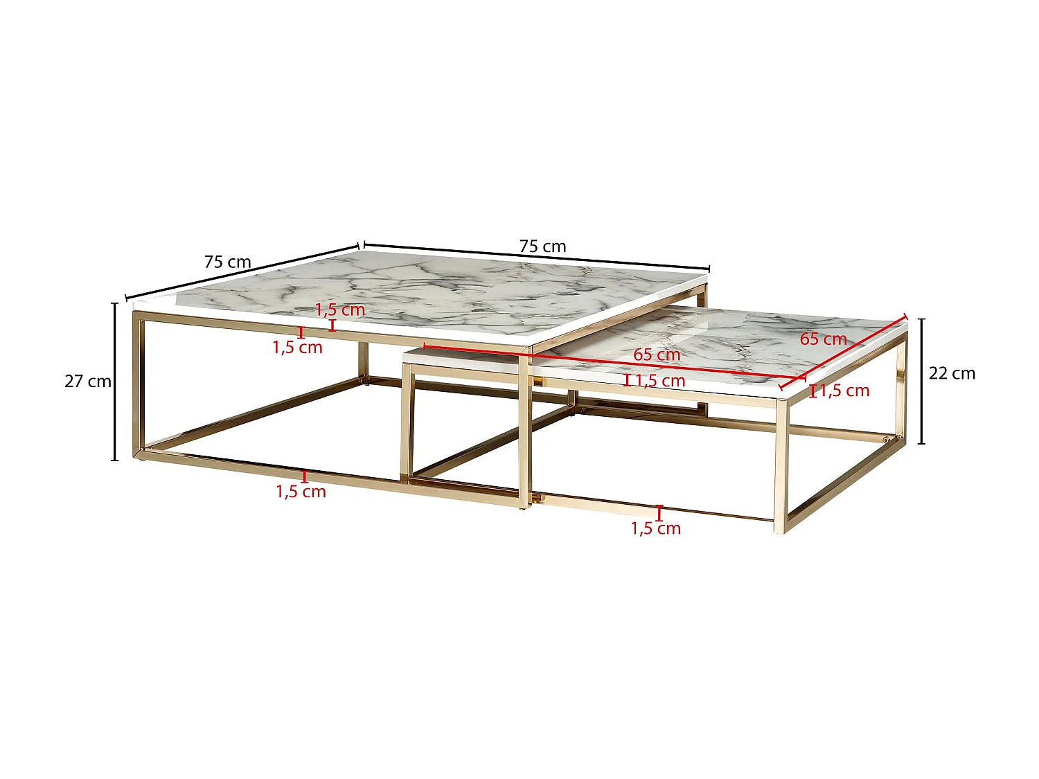 design salontafel set van 2 wit marmer optiek hoekig | Salontafels 2-delig tafelframe metaal goud | Edele salontafels | Moderne nesttafels