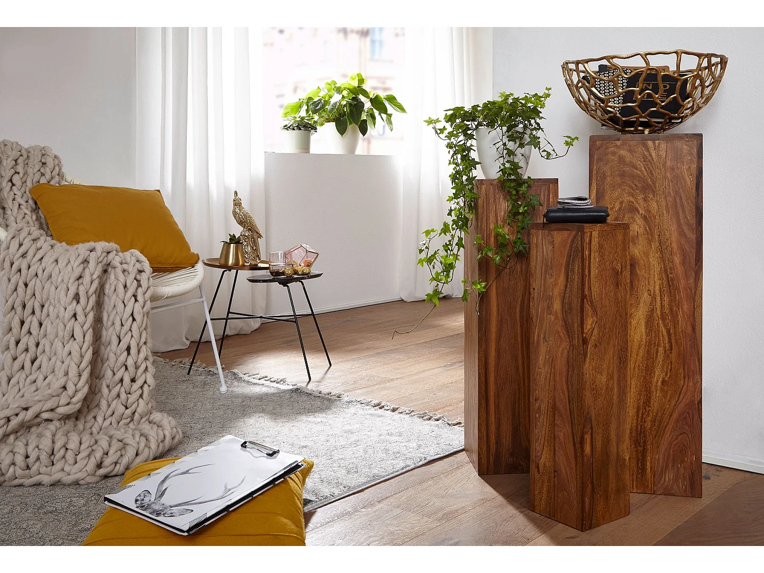 Beistelltisch 3er Set Sheesham Massivholz Satztisch Quadratisch Modern, Säulentisch Pflanzentisch