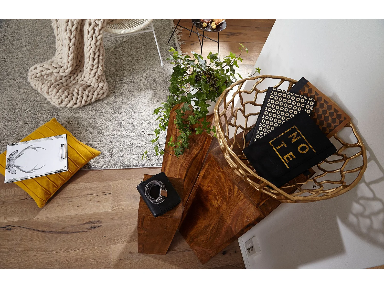 Beistelltisch 3er Set Sheesham Massivholz Satztisch Quadratisch Modern, Säulentisch Pflanzentisch