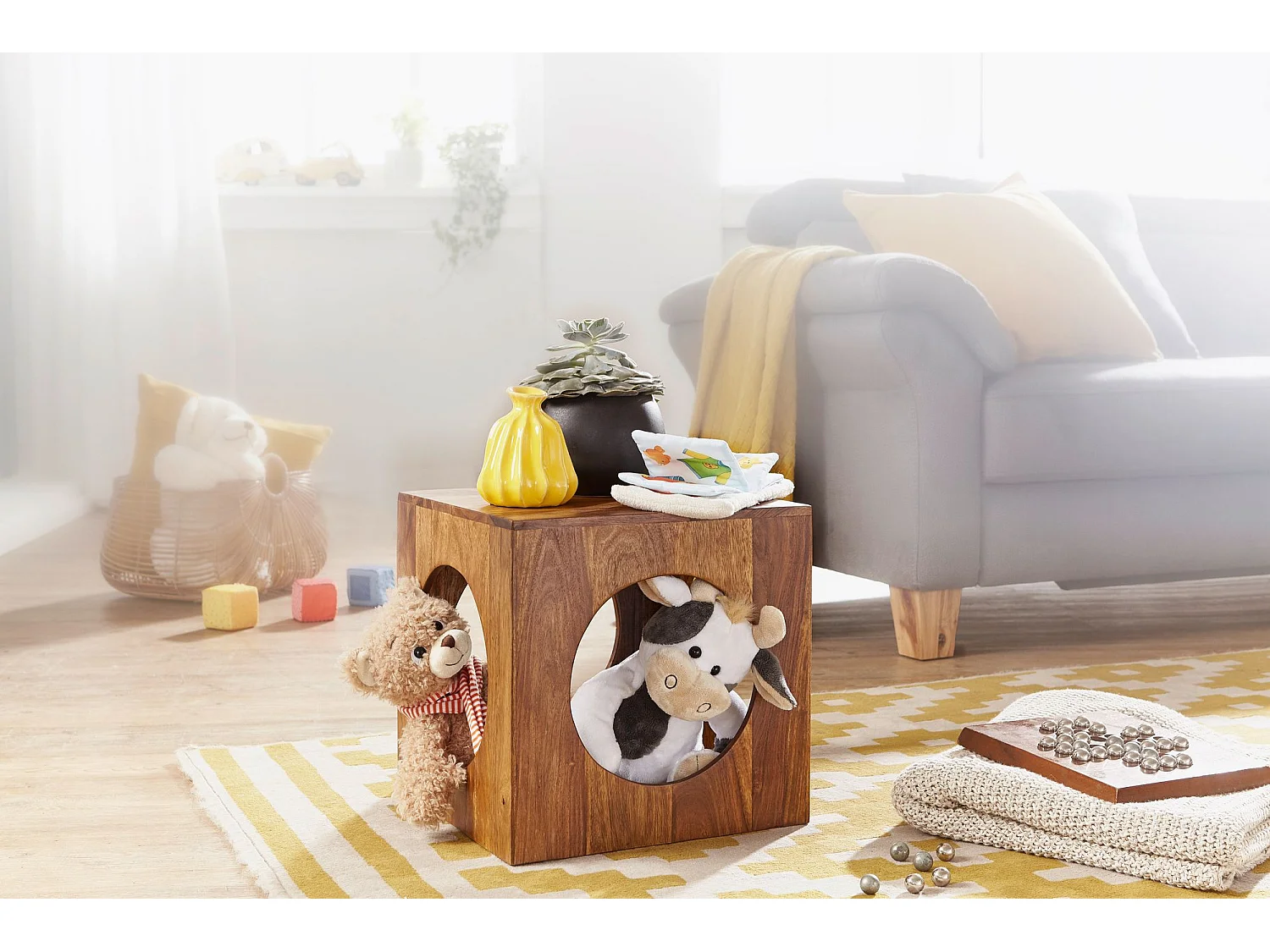 bijzettafel MUMBAI massief hout Sheesham 35x35 cm Cube woonkamertafel design landelijke stijl salontafel vierkant