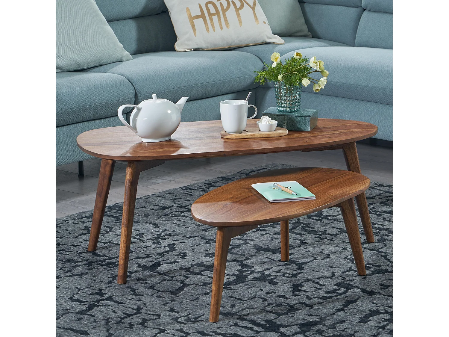 Tafel Set Sheesham Massief Hout Salontafel Set van 2 Niervorm | Tafel Woonkamer Bijzettafel Bruin | Moderne Nesttafel Houten Tafel