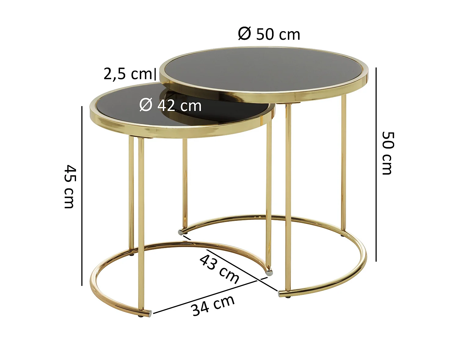 Design Nesttafel CORA zwart / goud bijzettafel metaal / glas | Salontafel set van 2 tafels | Kleine salontafel | Metalen tafel met glazen blad | Opbergtafel modern