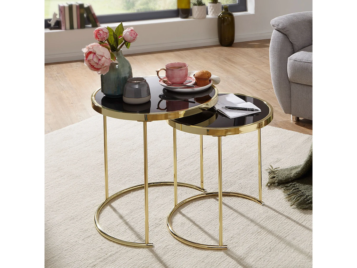 Design Table CORA Table d'appoint noir / or métal / verre | Table basse set de 2 tables | Petite