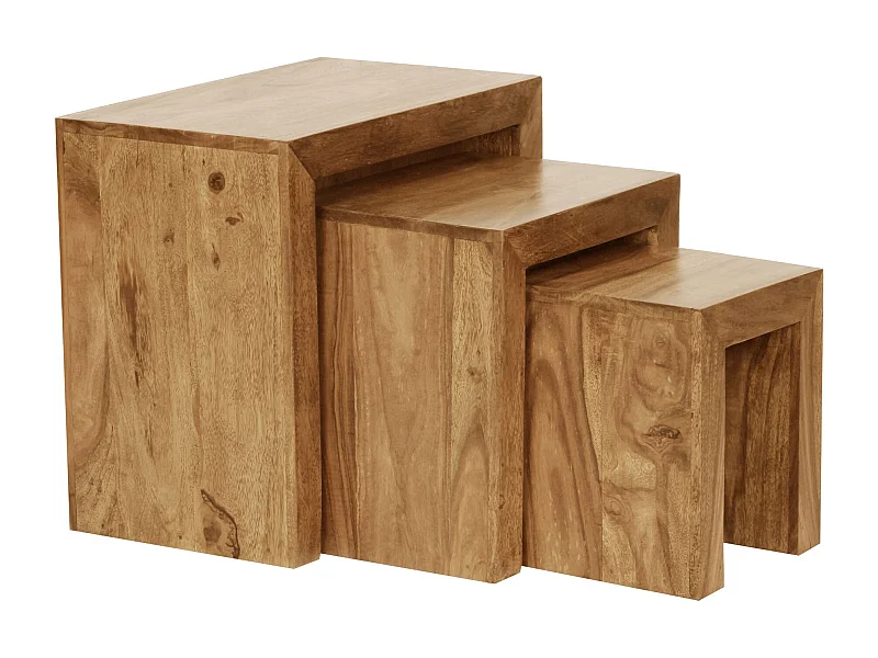 set van 3 bijzettafels MUMBAI massief houten acacia woonkamertafel landelijke stijl bijzettafel donkerbruin natuurlijk hout