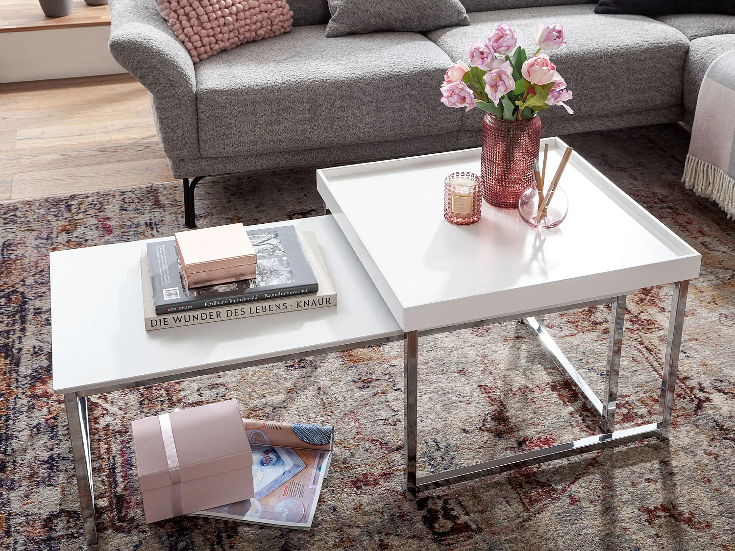 Set van 2 Houten/Metalen Salontafel Vierkant Wit Modern | Bijzettafel 2-delig | Design salontafels | Houten tafel nesttafels