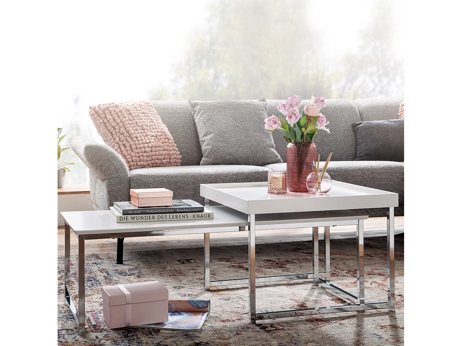 Set de 2 Table Basse Bois / Métal Carrée Blanc Moderne | Table d'appoint en 2 parties | Tables de