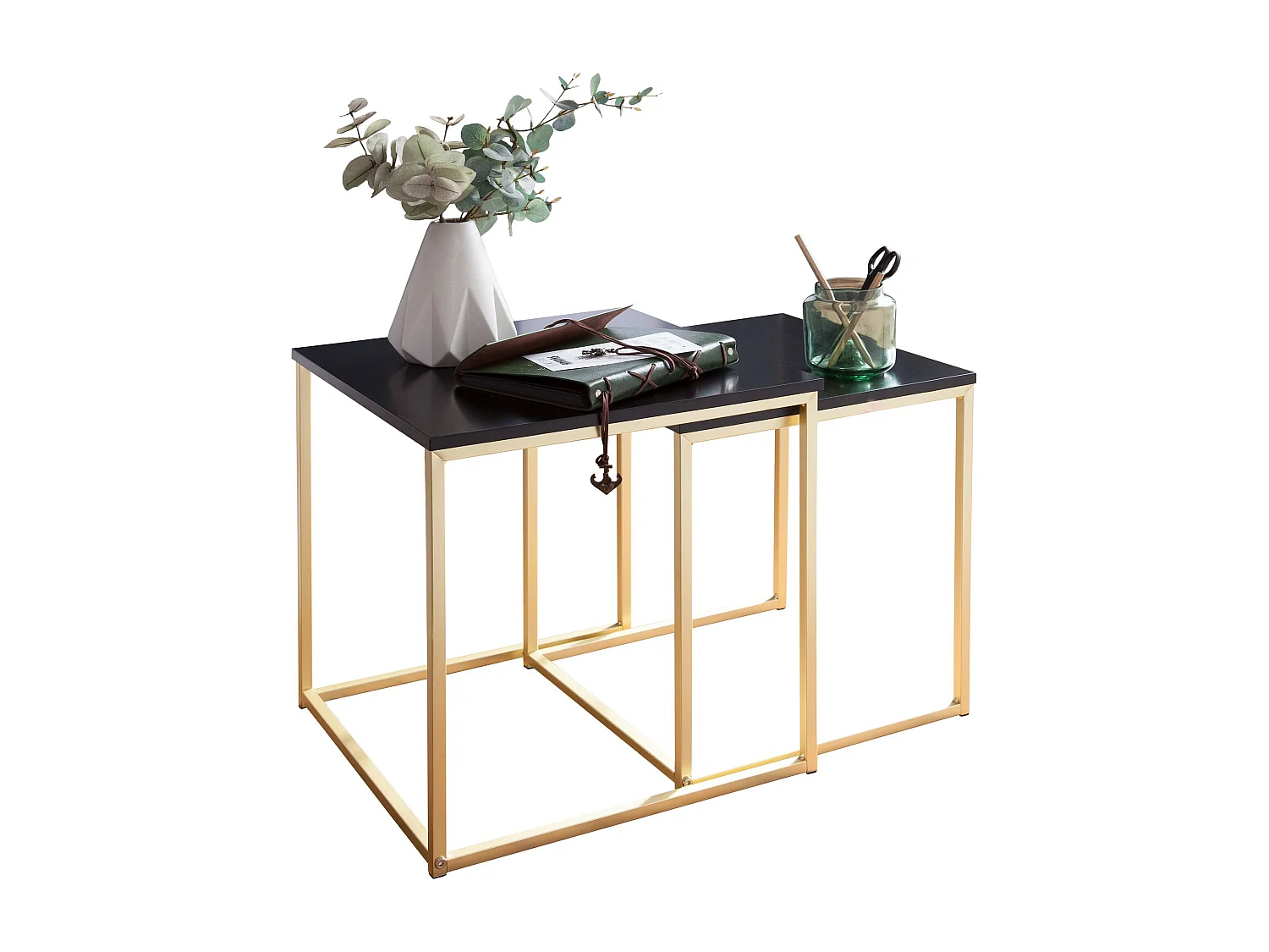 CALA zwart / goud bijzettafel MDF / metaal | Salontafel set van 2 tafels | Kleine salontafel | Metalen tafel met houten plaat | Opbergtafel modern