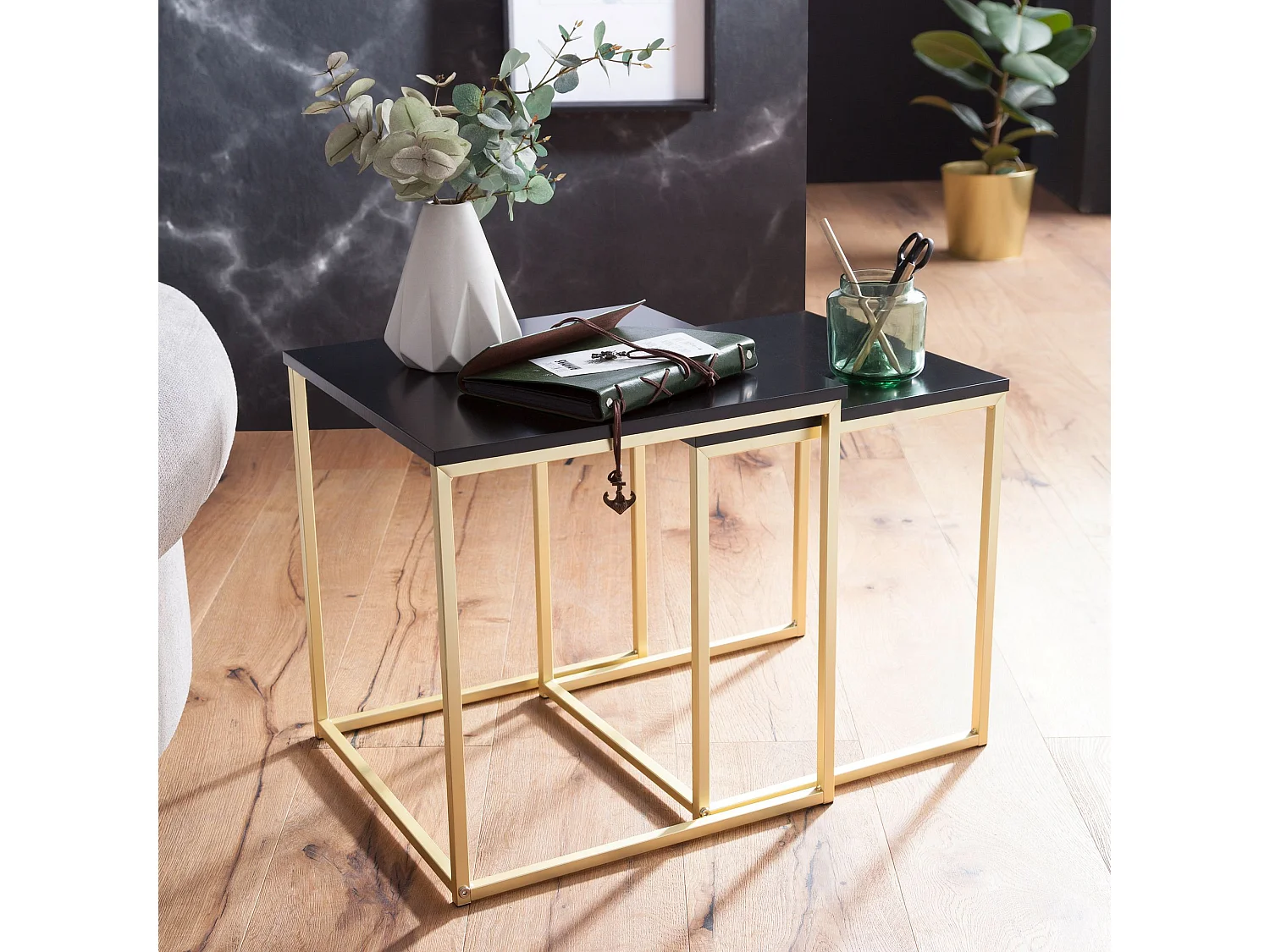 CALA zwart / goud bijzettafel MDF / metaal | Salontafel set van 2 tafels | Kleine salontafel | Metalen tafel met houten plaat | Opbergtafel modern