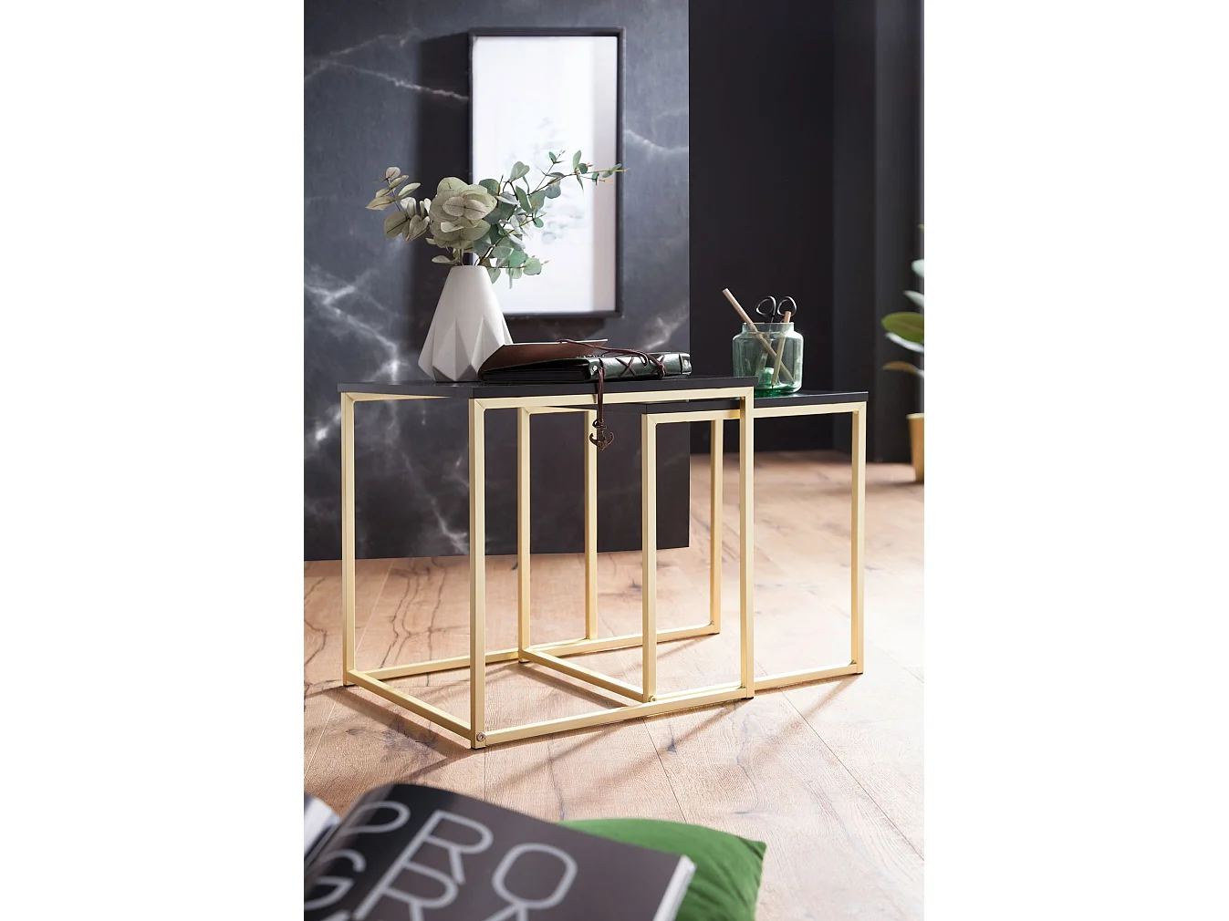 CALA zwart / goud bijzettafel MDF / metaal | Salontafel set van 2 tafels | Kleine salontafel | Metalen tafel met houten plaat | Opbergtafel modern