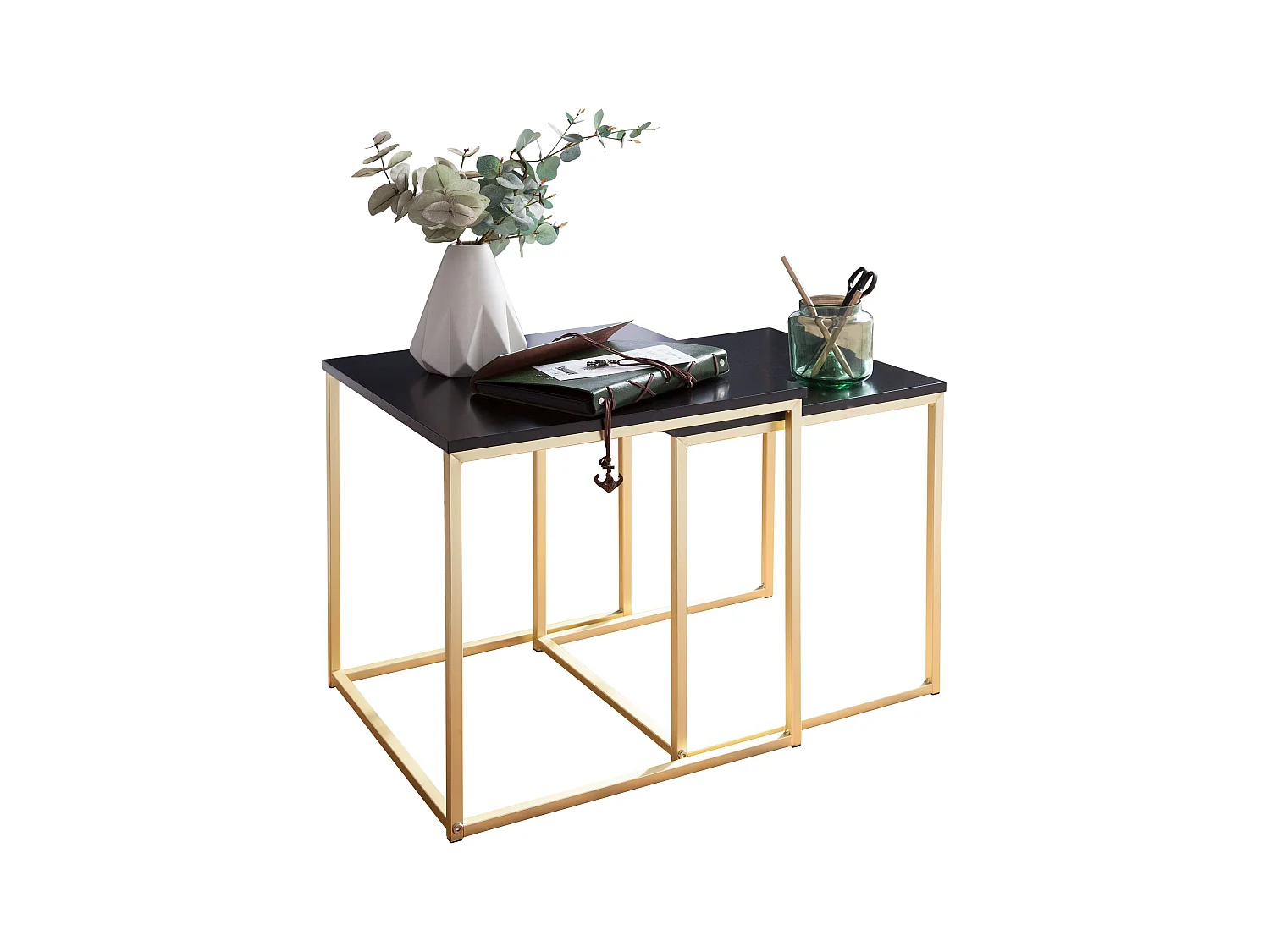 CALA zwart / goud bijzettafel MDF / metaal | Salontafel set van 2 tafels | Kleine salontafel | Metalen tafel met houten plaat | Opbergtafel modern