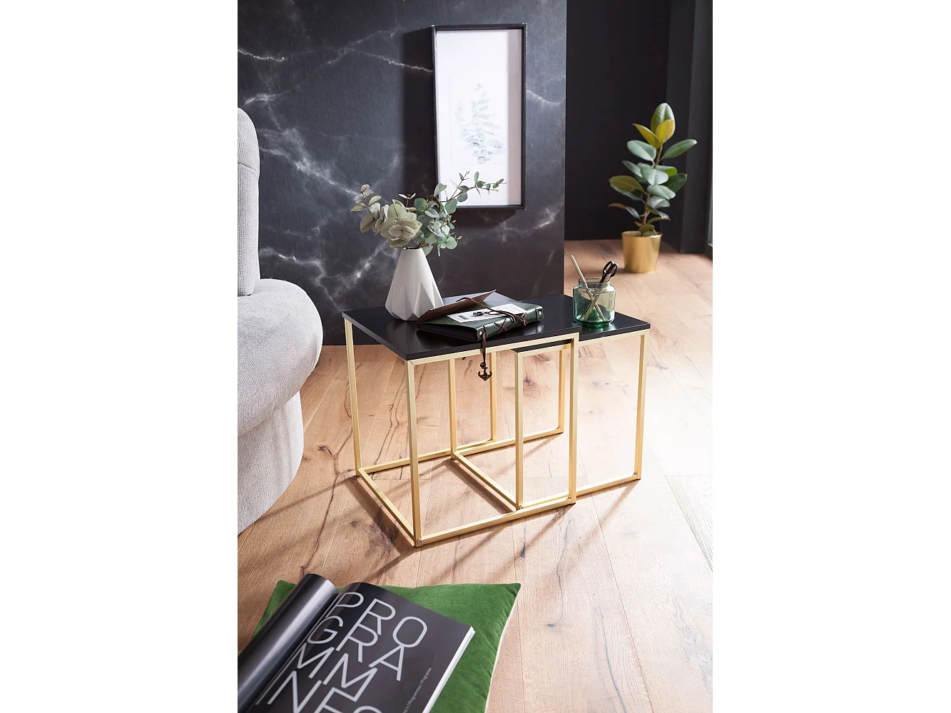 CALA zwart / goud bijzettafel MDF / metaal | Salontafel set van 2 tafels | Kleine salontafel | Metalen tafel met houten plaat | Opbergtafel modern