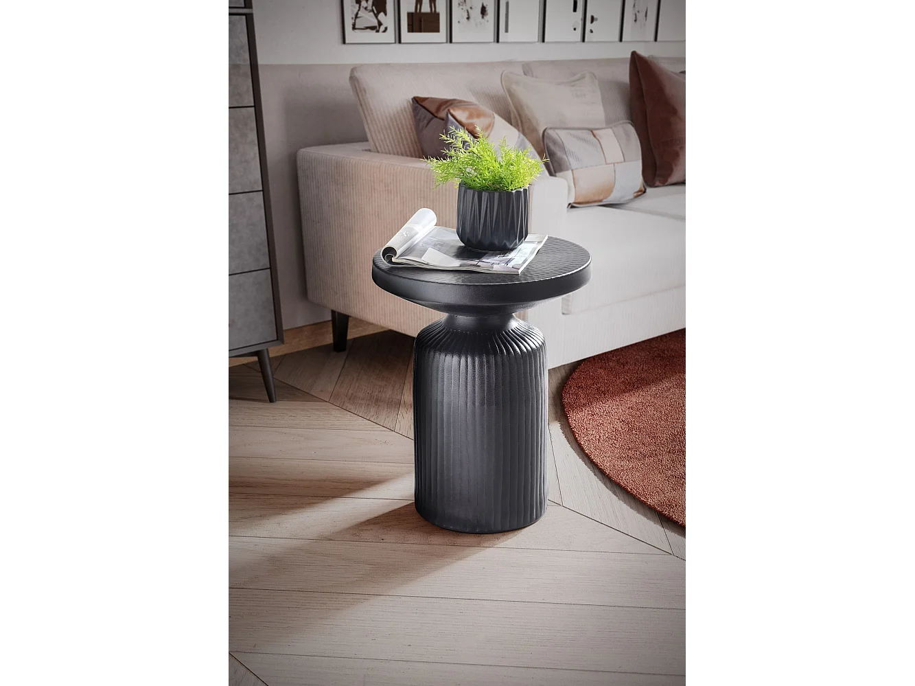 bijzettafel 40x40x50 cm metaal zwart bijzettafel rond | Gehamerd woonkamertafel golfpatroon | Banktafel aluminium lattenlook | Kleine tafel woonkamer modern