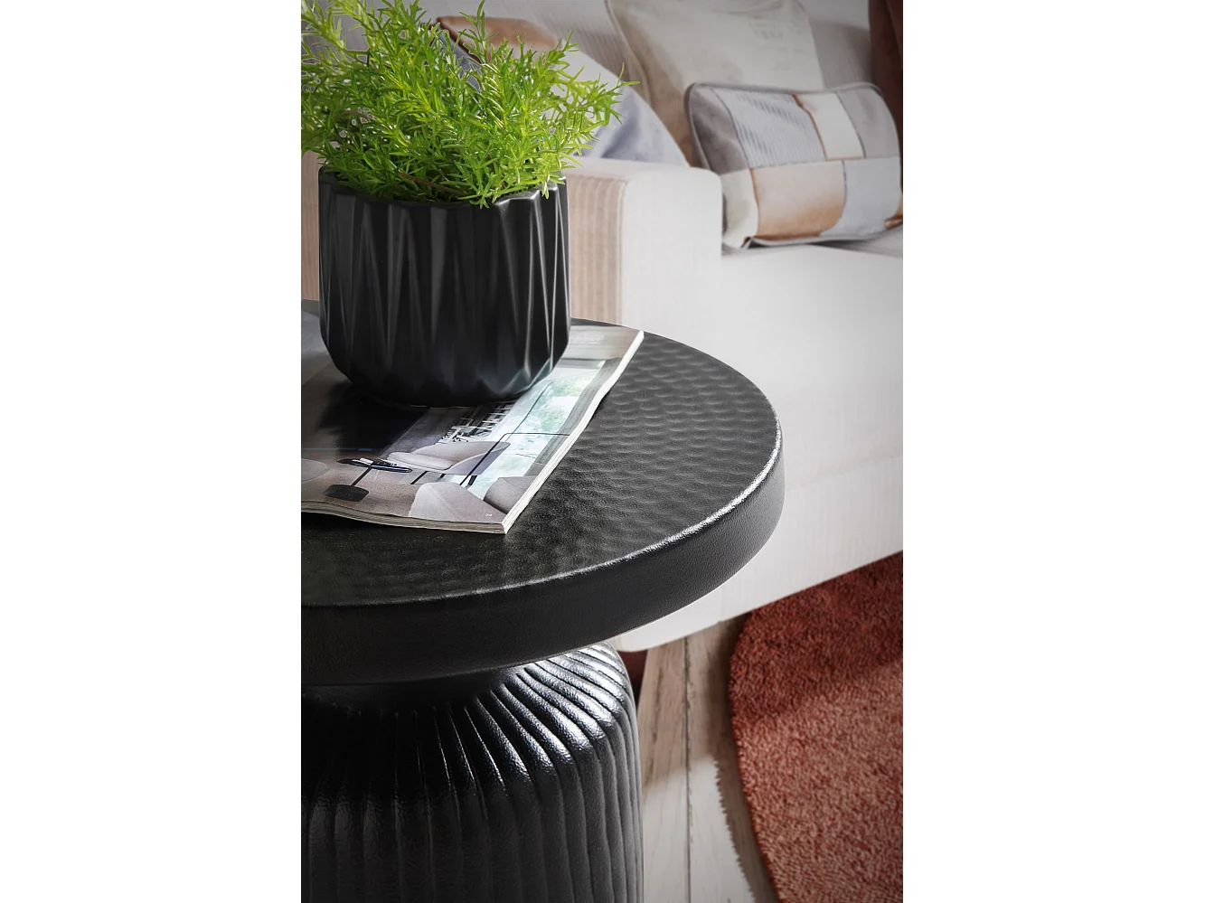 bijzettafel 40x40x50 cm metaal zwart bijzettafel rond | Gehamerd woonkamertafel golfpatroon | Banktafel aluminium lattenlook | Kleine tafel woonkamer modern