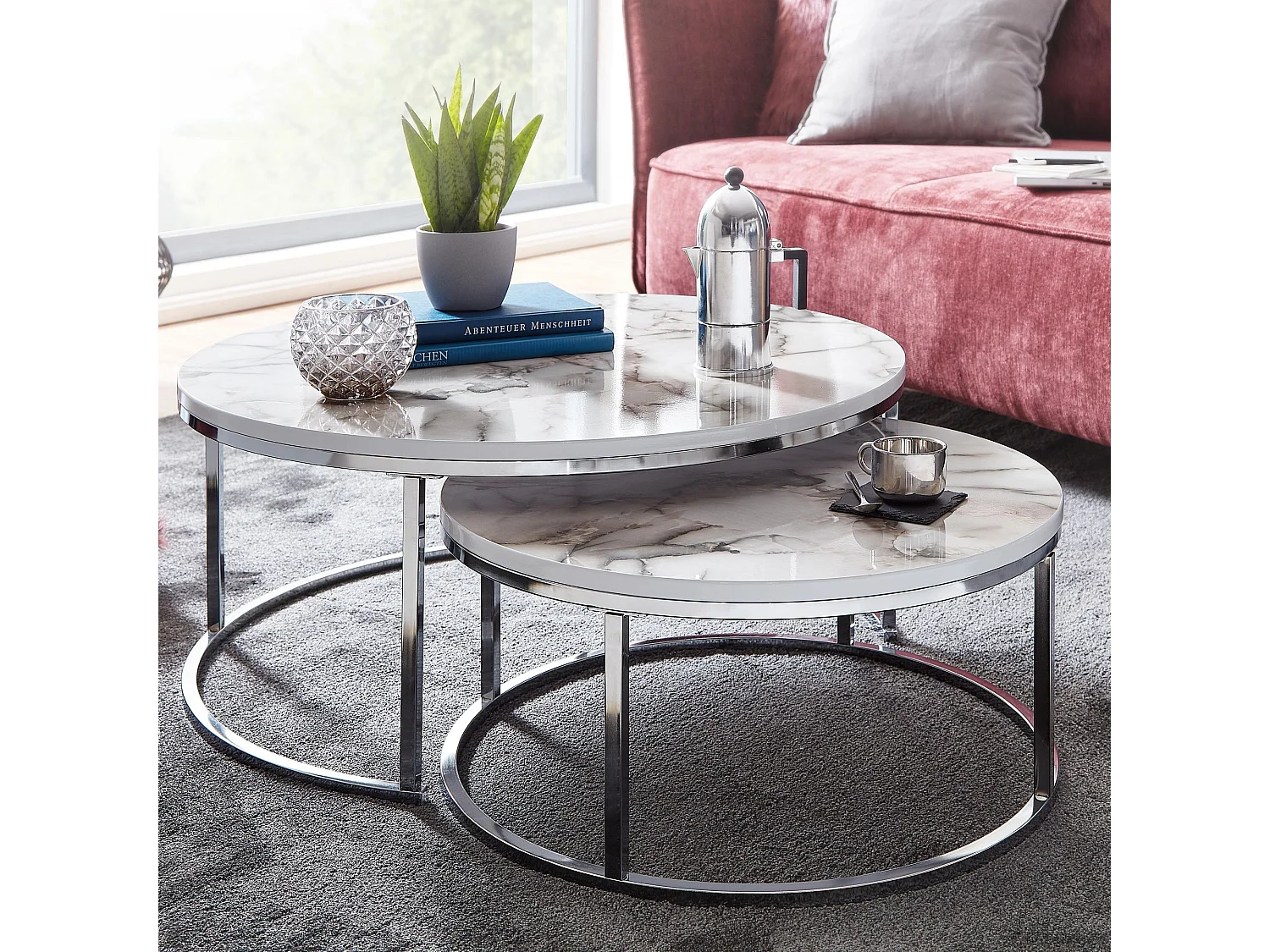 salontafel set van 2 wit zilver marmerlook salontafel rond modern | Bijzettafel 2-delig metaal | Ronde salontafels | Ontwerp nesttafels