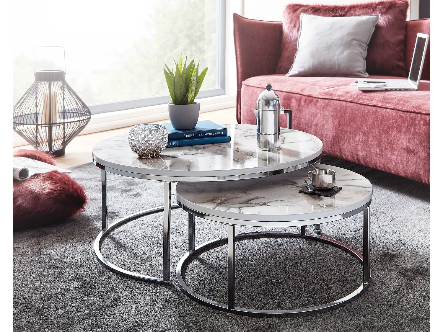 salontafel set van 2 wit zilver marmerlook salontafel rond modern | Bijzettafel 2-delig metaal | Ronde salontafels | Ontwerp nesttafels