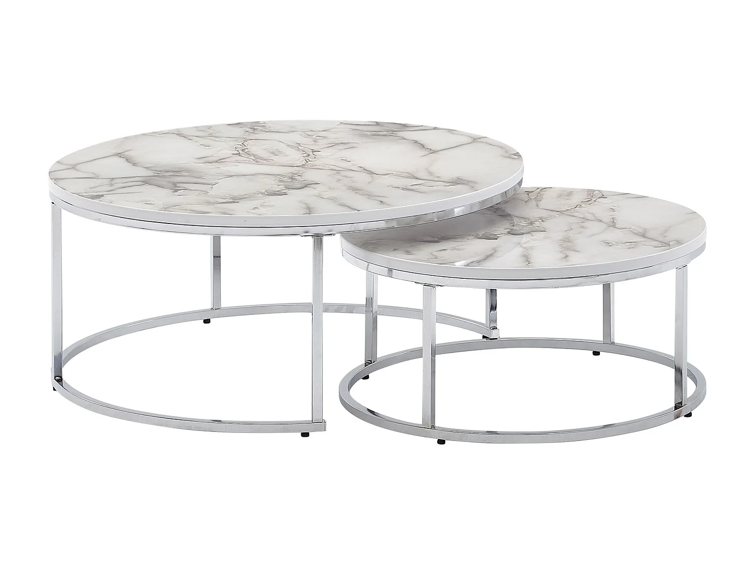 salontafel set van 2 wit zilver marmerlook salontafel rond modern | Bijzettafel 2-delig metaal | Ronde salontafels | Ontwerp nesttafels