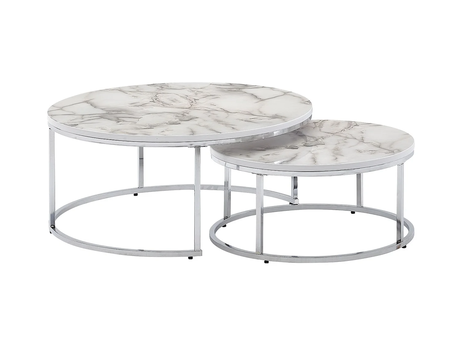 salontafel set van 2 wit zilver marmerlook salontafel rond modern | Bijzettafel 2-delig metaal | Ronde salontafels | Ontwerp nesttafels
