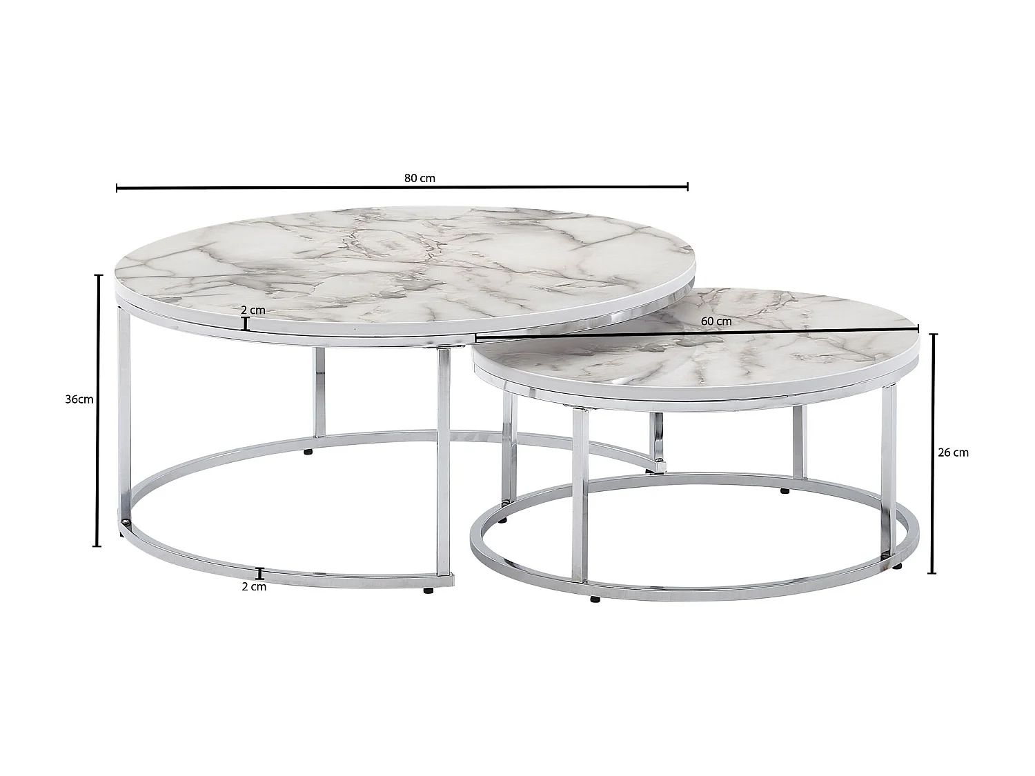 set de 2 table basse aspect marbre blanc argent table basse ronde moderne | Table d'appoint 2