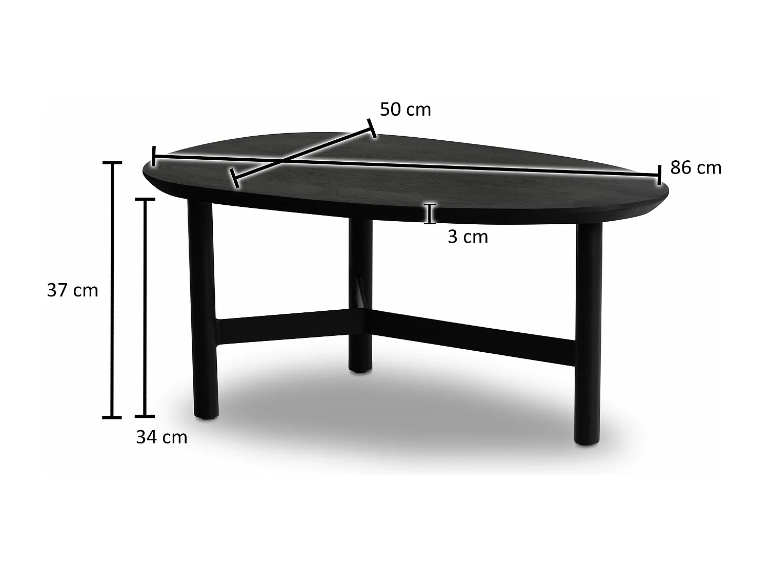 salontafel 86x50x37 cm mango massief hout / metaal zwarte salontafel | Design woonkamertafel niervorm | Driepoot salontafel woonkamer modern