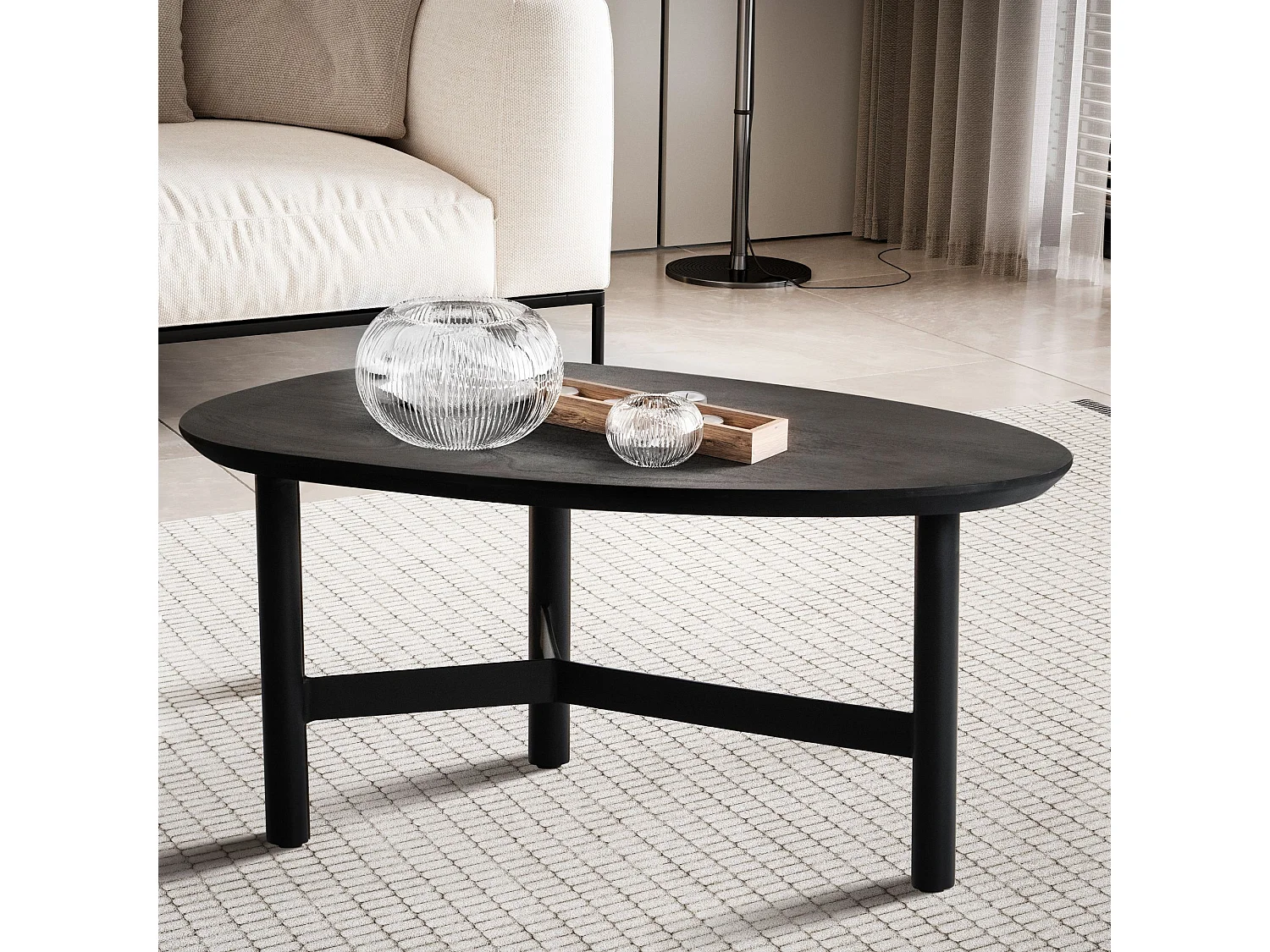 Couchtisch 86x50x37 cm Mango Massivholz / Metall Schwarz Sofatisch, Design Wohnzimmertisch