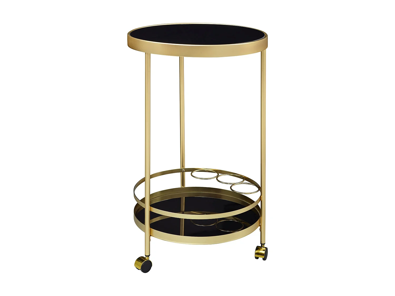 design trolley goud rond Ø 45cm 2 niveaus | Bijzettafel op wielen met glazen blad Zwarte restauratierijtuig | Keukenwagen | theewagen