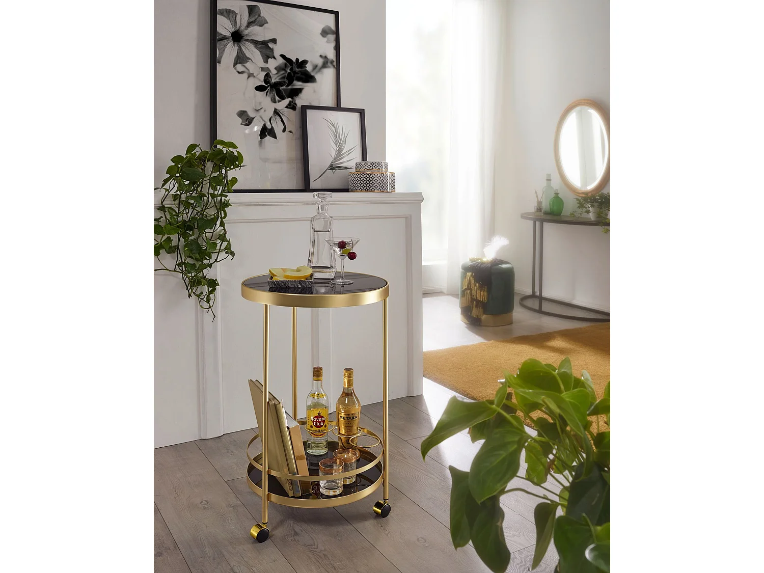design trolley goud rond Ø 45cm 2 niveaus | Bijzettafel op wielen met glazen blad Zwarte restauratierijtuig | Keukenwagen | theewagen