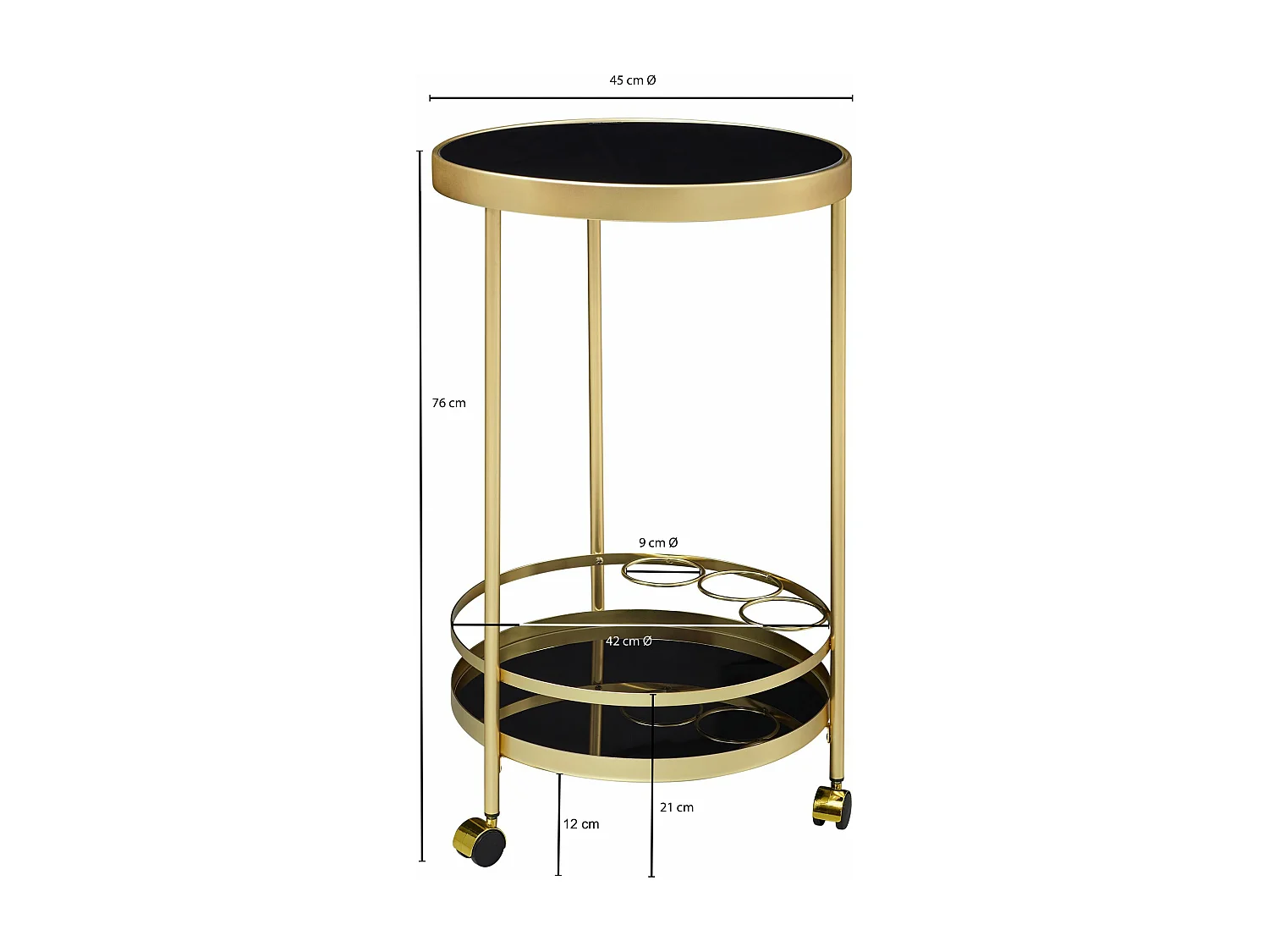 design trolley goud rond Ø 45cm 2 niveaus | Bijzettafel op wielen met glazen blad Zwarte restauratierijtuig | Keukenwagen | theewagen