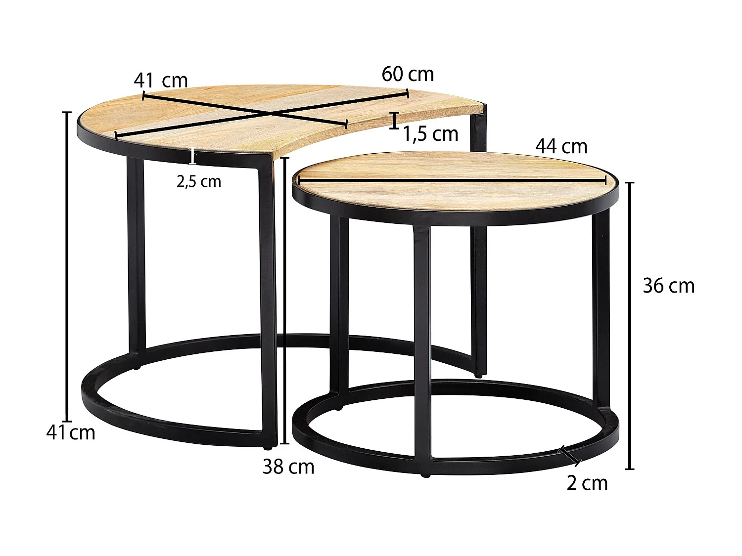 salontafel set van 2 Mango massief houten / metalen salontafel rond | Industriële bijzettafel met metalen poten zwart | 2-delige placemat bijzettafel van hout