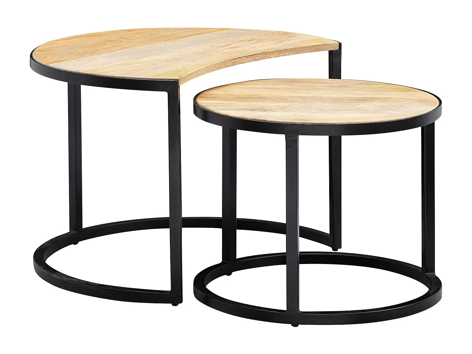 salontafel set van 2 Mango massief houten / metalen salontafel rond | Industriële bijzettafel met metalen poten zwart | 2-delige placemat bijzettafel van hout