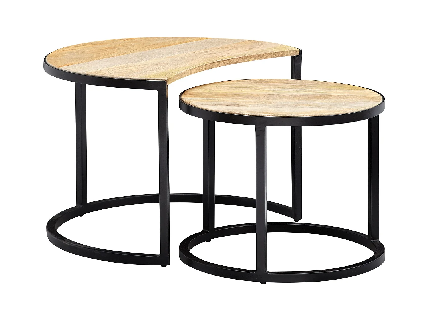 salontafel set van 2 Mango massief houten / metalen salontafel rond | Industriële bijzettafel met metalen poten zwart | 2-delige placemat bijzettafel van hout