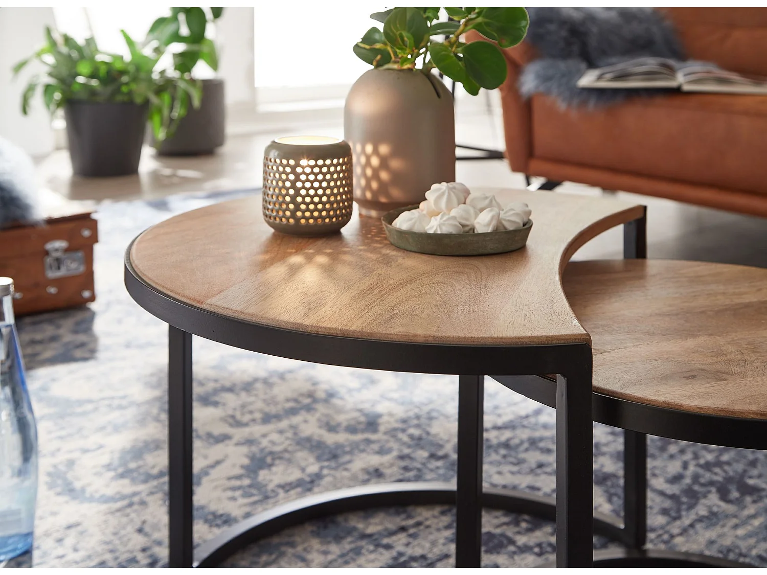set de 2 tables basses Table de salon en bois massif / métal Mango rond | Table d'appoint