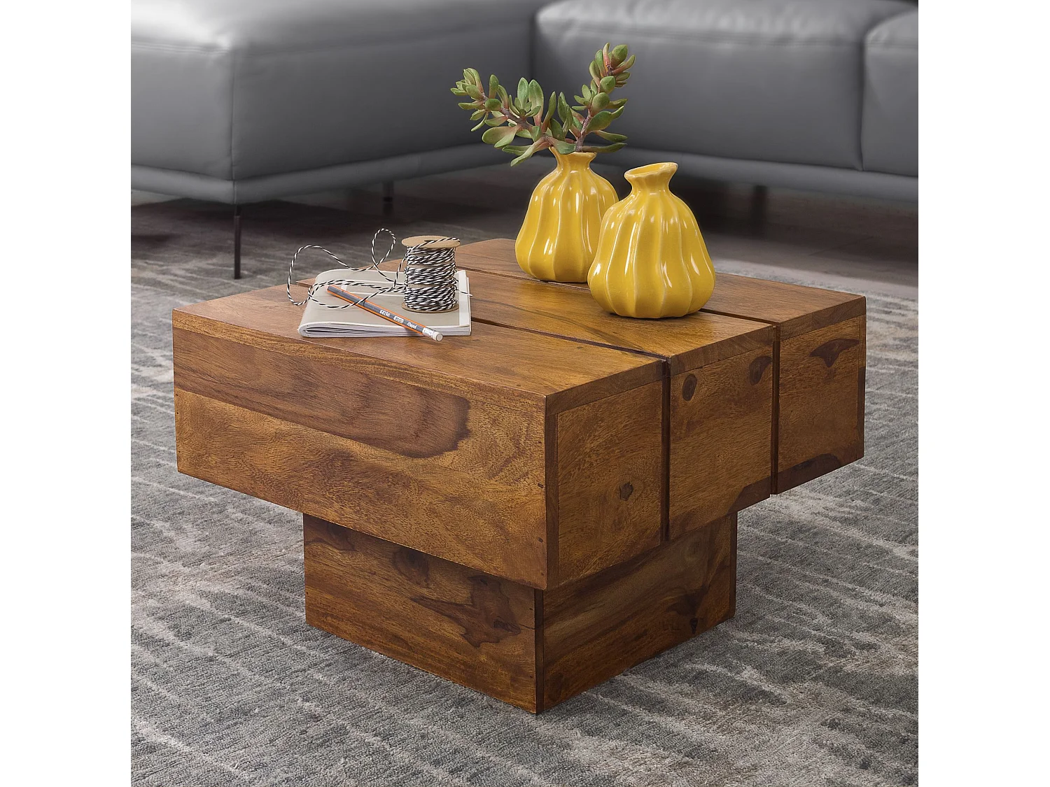 Beistelltisch Massivholz Sheesham Wohnzimmertisch 44 x 44 x 30 cm Couchtisch Massiv Landhaus Cube