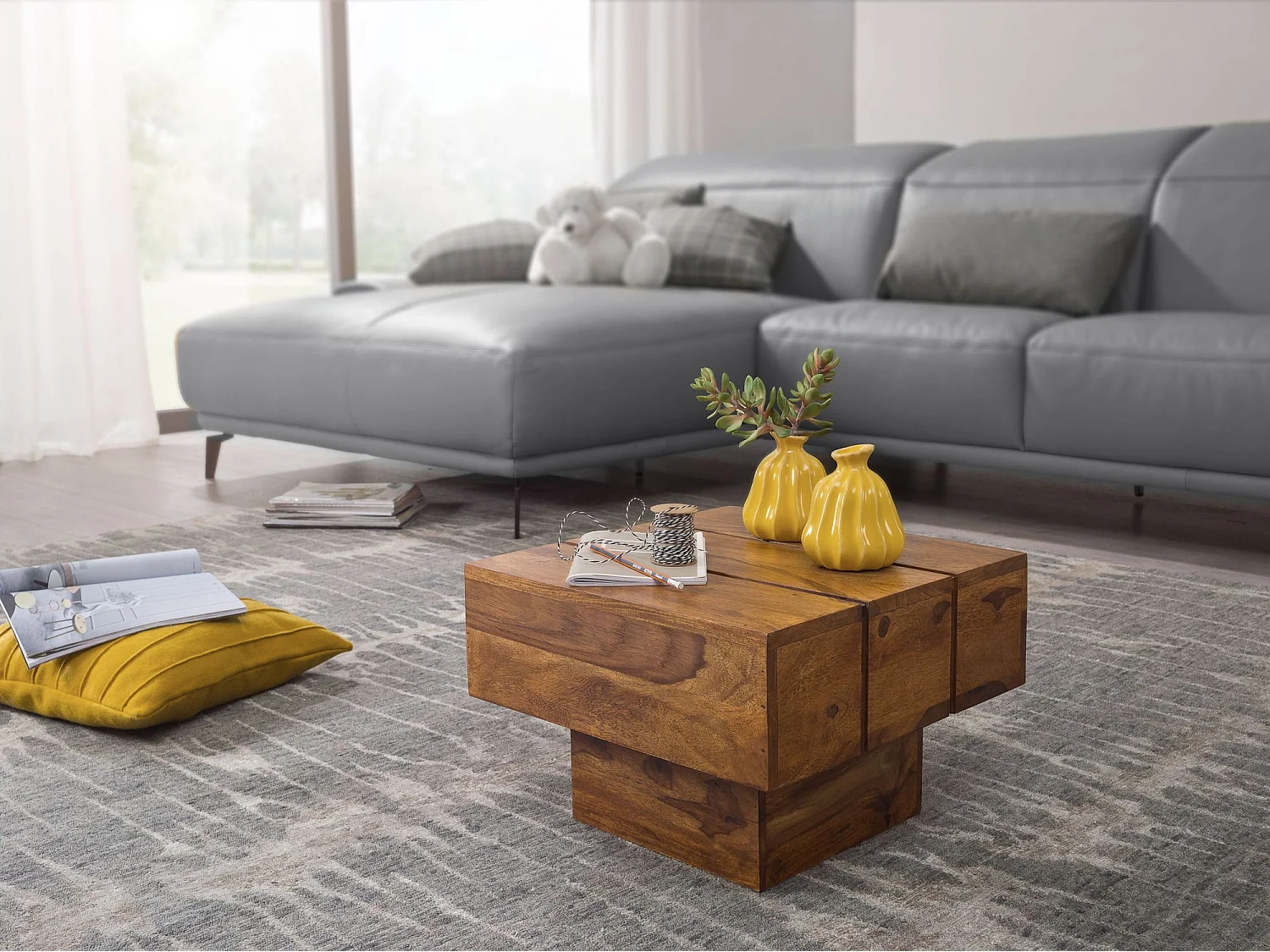 Beistelltisch Massivholz Sheesham Wohnzimmertisch 44 x 44 x 30 cm Couchtisch Massiv Landhaus Cube