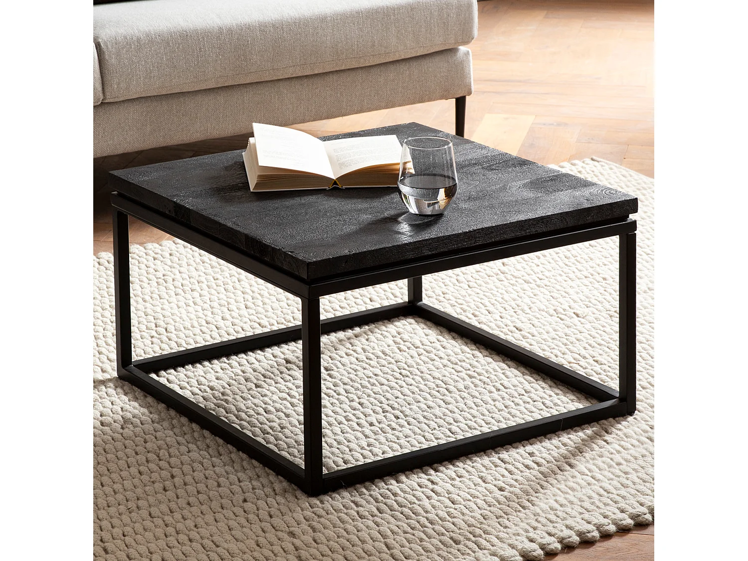 Table Basse de Salon Mango Bois Massif 60x60x35 cm Carrée Noir, Petite Table de Canapé, Design