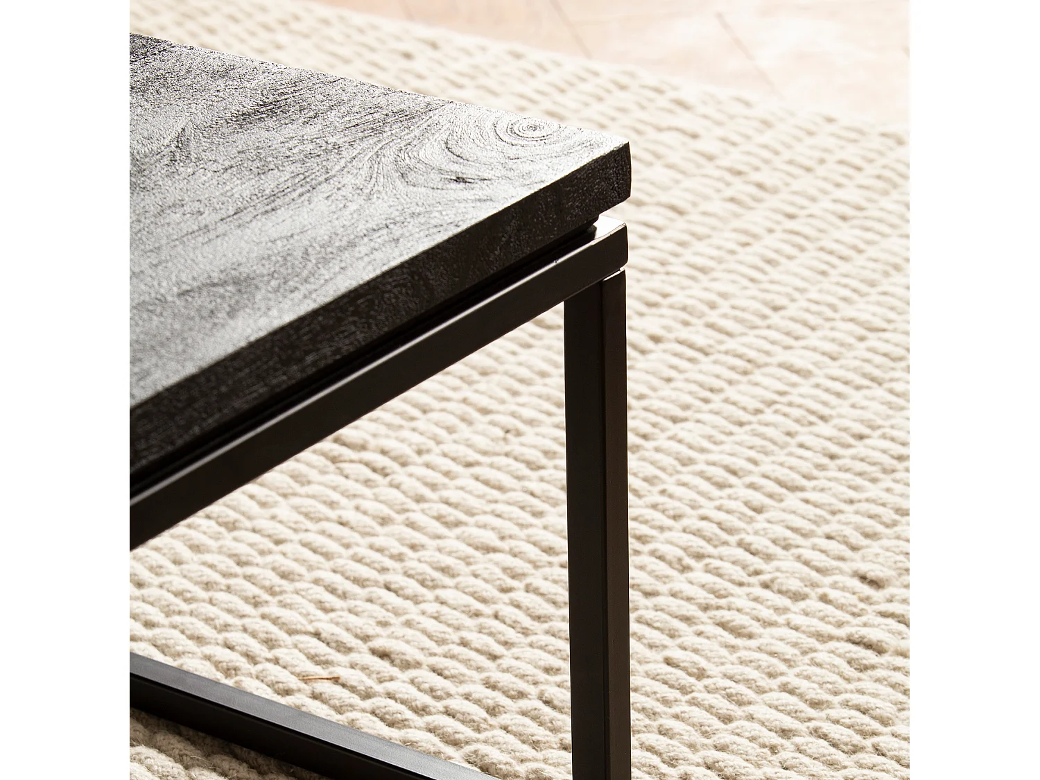 Table Basse de Salon Mango Bois Massif 60x60x35 cm Carrée Noir, Petite Table de Canapé, Design