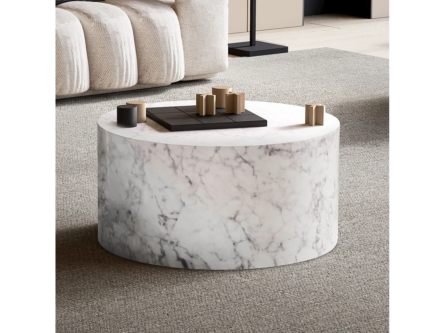 Couchtisch MONOBLOC 60x60x30 cm Weiß Hochglanz mit Marmor Optik, Design Wohnzimmertisch Rund,