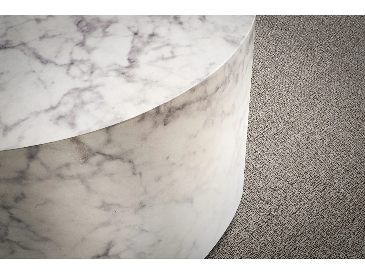 Couchtisch MONOBLOC 60x60x30 cm Weiß Hochglanz mit Marmor Optik, Design Wohnzimmertisch Rund,