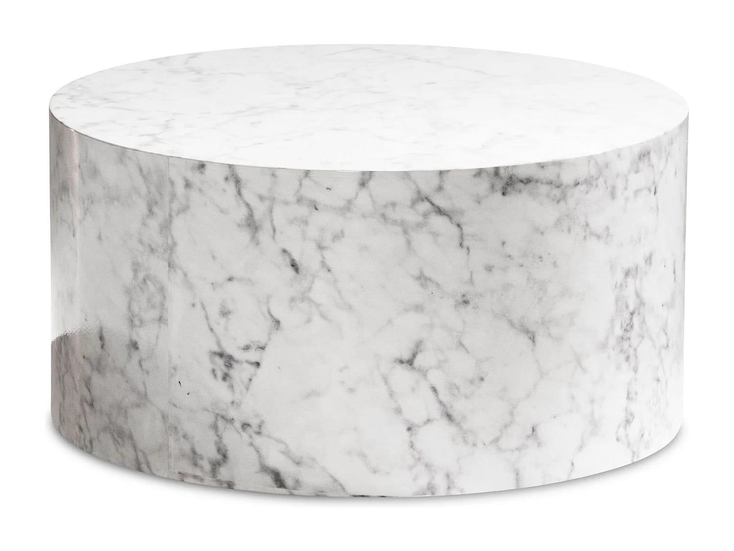 Couchtisch MONOBLOC 60x60x30 cm Weiß Hochglanz mit Marmor Optik, Design Wohnzimmertisch Rund,