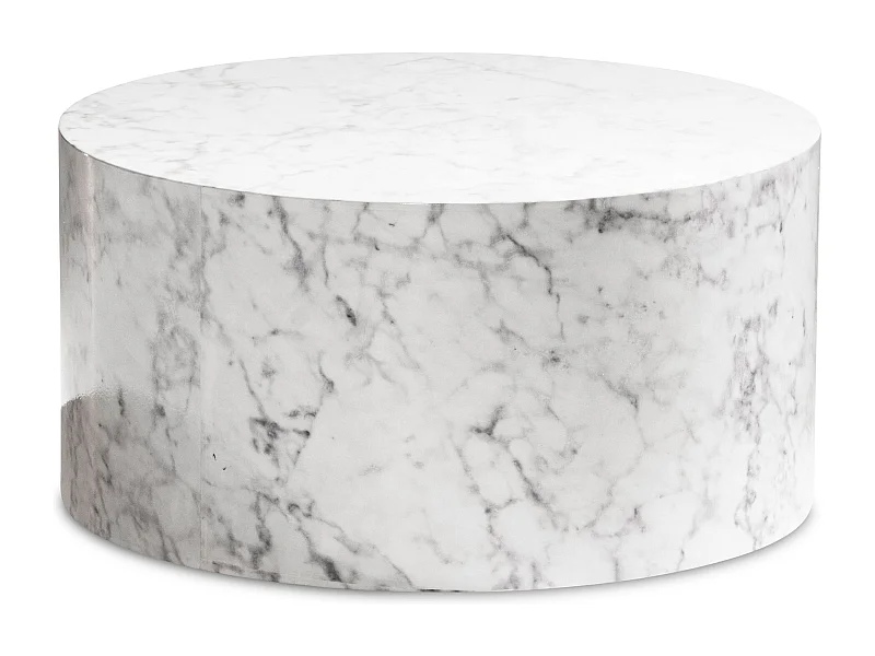Couchtisch MONOBLOC 60x60x30 cm Weiß Hochglanz mit Marmor Optik, Design Wohnzimmertisch Rund,