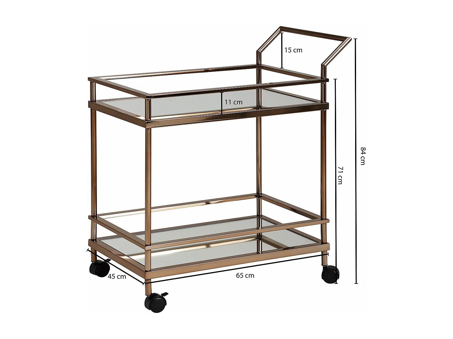 donker goud 2 niveaus met remmen | Bijzettafel op wielen Restauratierijtuig met glazen blad Keukenwagen | theewagen