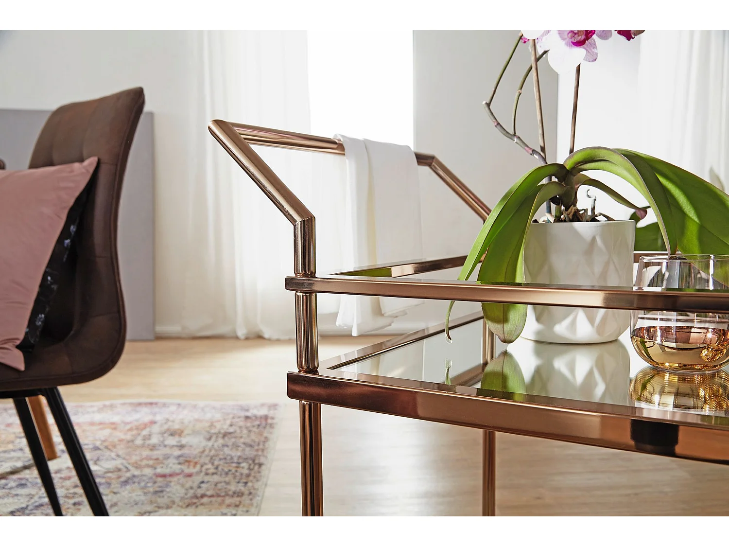 donker goud 2 niveaus met remmen | Bijzettafel op wielen Restauratierijtuig met glazen blad Keukenwagen | theewagen