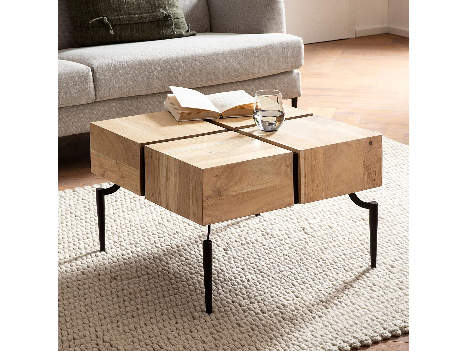 Couchtisch Akazie Massivholz 60x60x40 cm Quadratisch mit Metallgestell, Kleiner Sofatisch